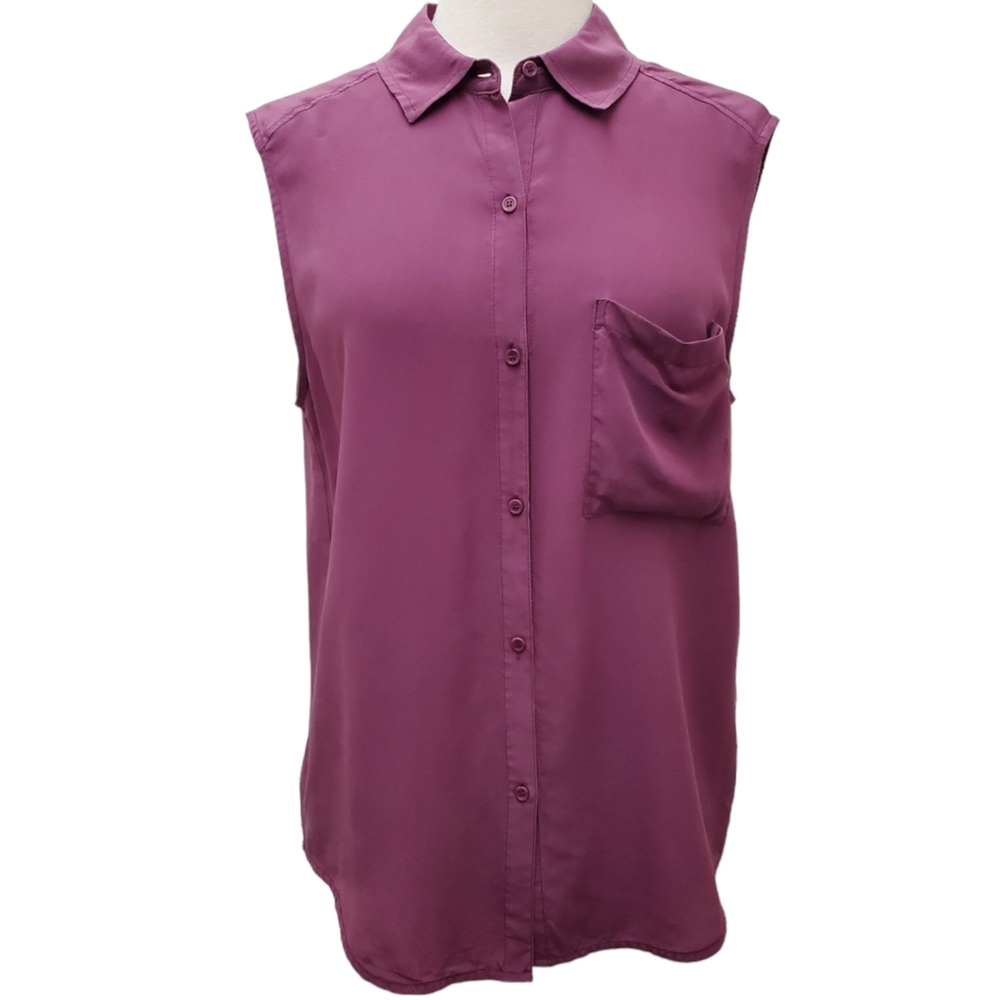 Trouve Silk Shirt Sleeveless Collared Button Down Top Plum Purple Sz S